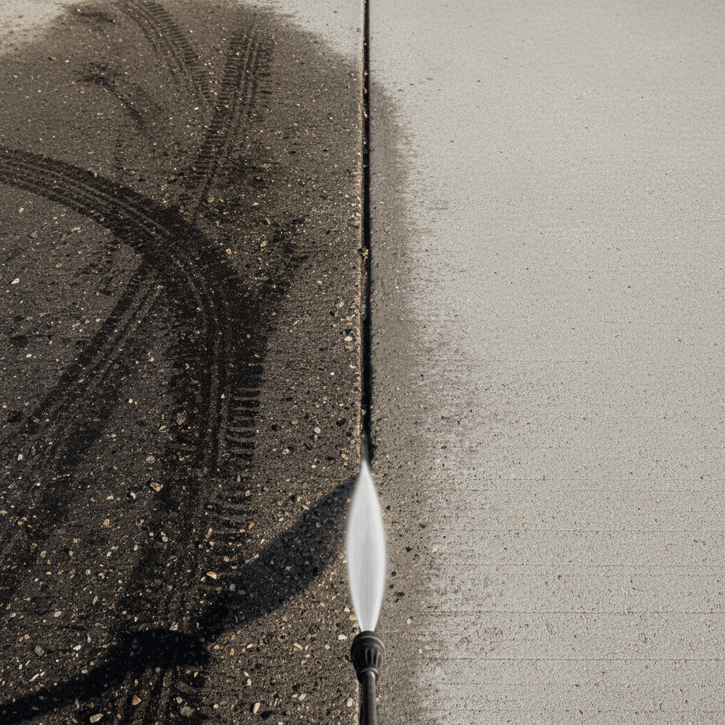 Close-up of a concrete driveway in Toronto being pressure washed, showing oil-stained versus freshly cleaned surface