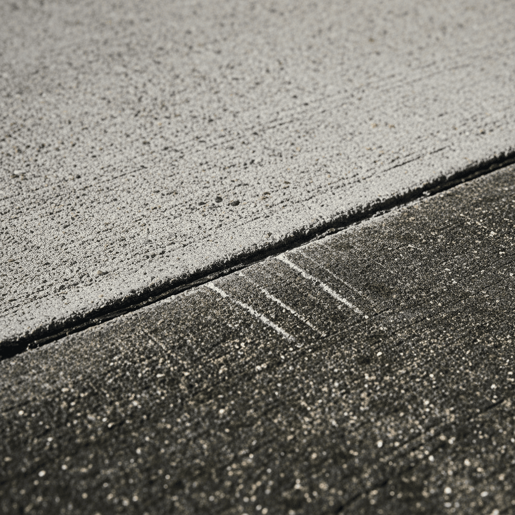 Close-up of a concrete driveway, half clean and half dirty, showing the cleaning line.