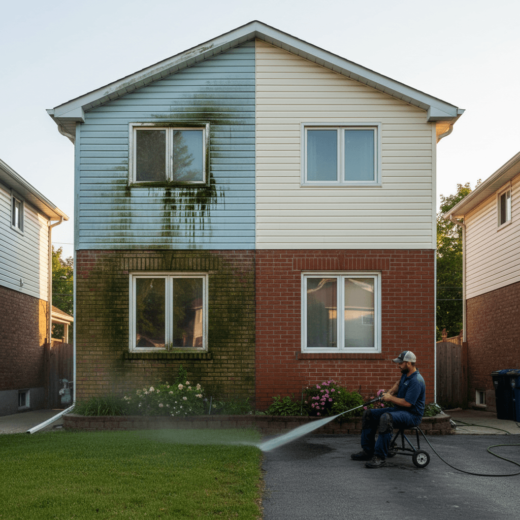 Side-by-side view of a Toronto home showing mold and algae on one half and freshly cleaned brick and siding on the other