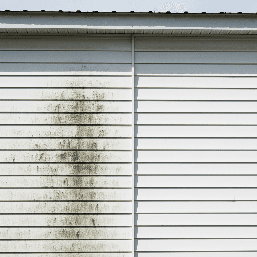 House siding in Toronto showing a section covered in vertical dirt and mold streaks next to a clean, bright white section