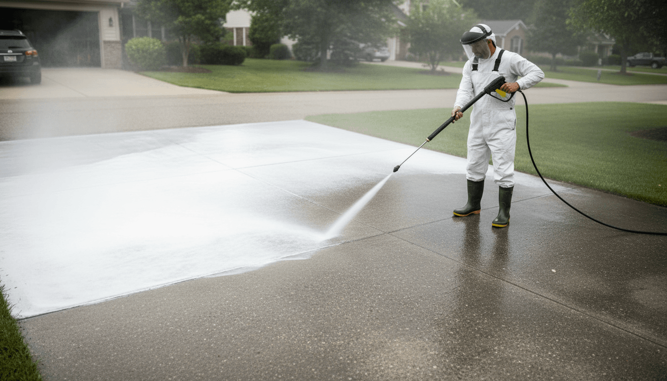 Pressure washing professional cleaning a residential driveway in Toronto
