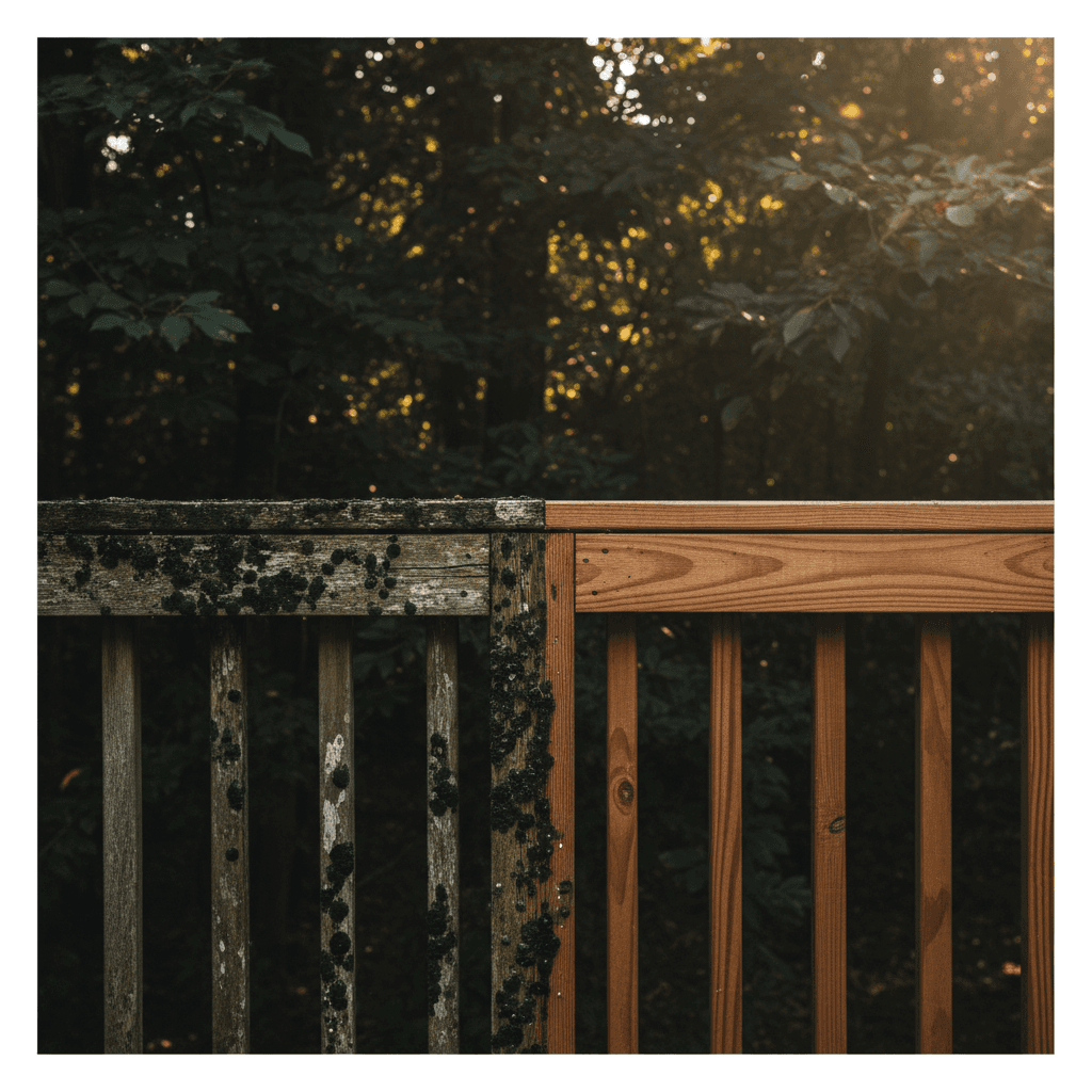 Wooden deck railing showing a stark contrast between a dirty, algae-covered section and a freshly cleaned and restored section