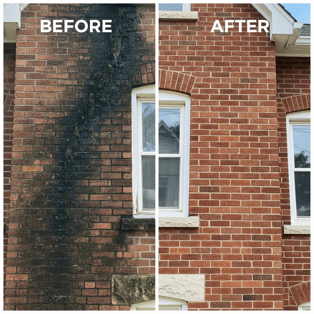 A fresh, bright lifestyle aesthetic split-screen shot (50/50) of a Toronto brick home exterior. The 'before' half is dark with heavy mildew, grime, and algae streaks running down the brick. The 'after' half is clean, vibrant brick with crisp mortar lines.