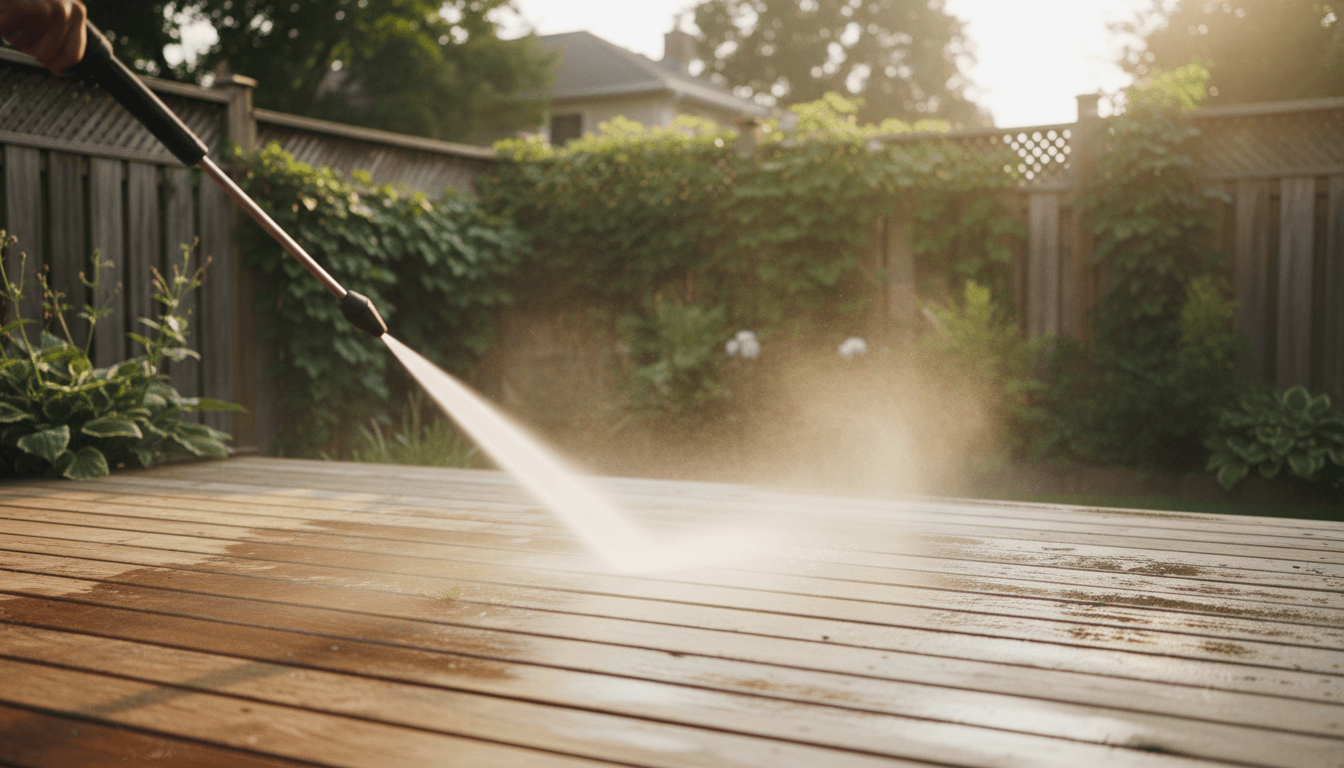 A pressure washing wand spraying water on a wood deck, water mist catching the light.