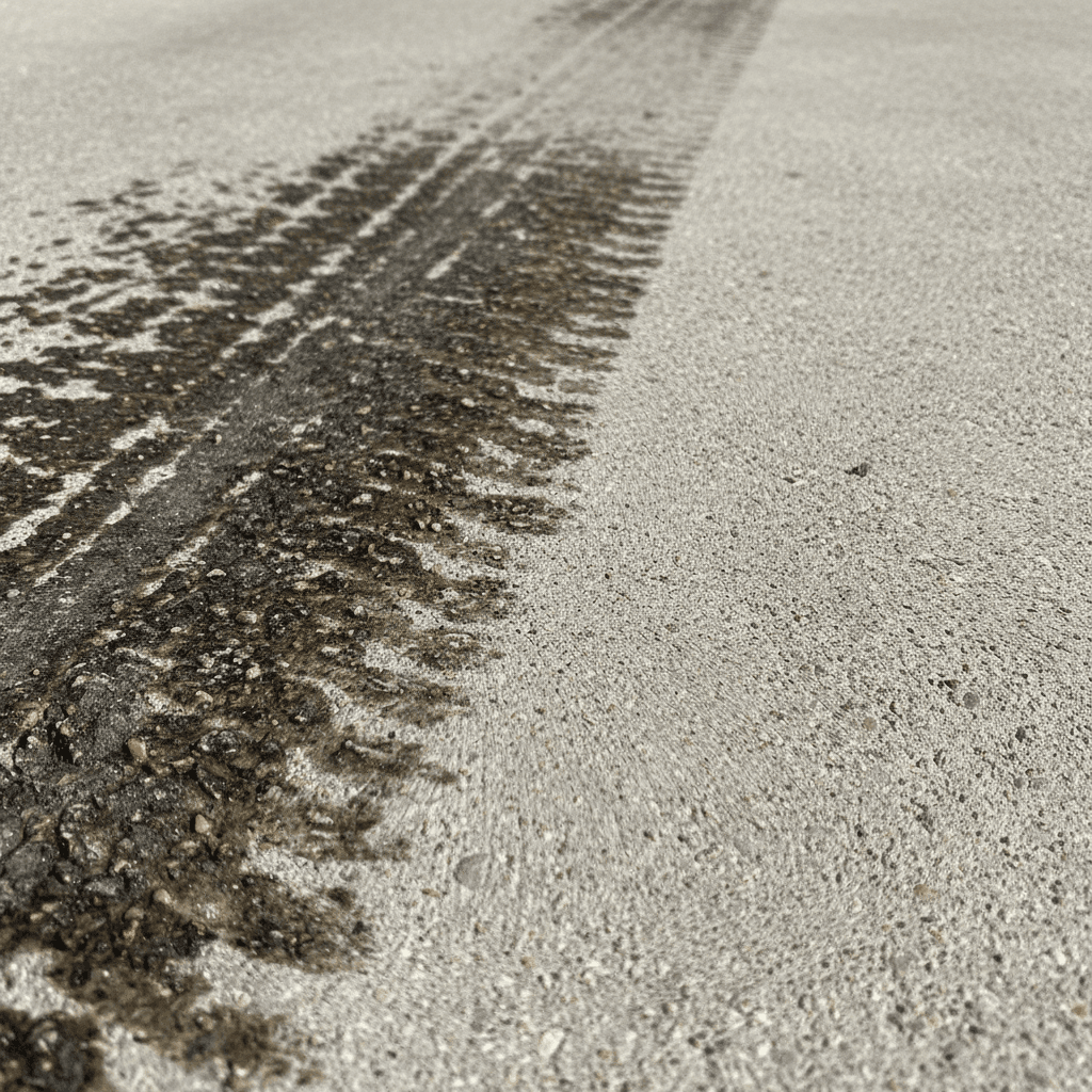 Close-up of a concrete driveway surface showing dark oil stains on one side and clean pressure-washed concrete on the other