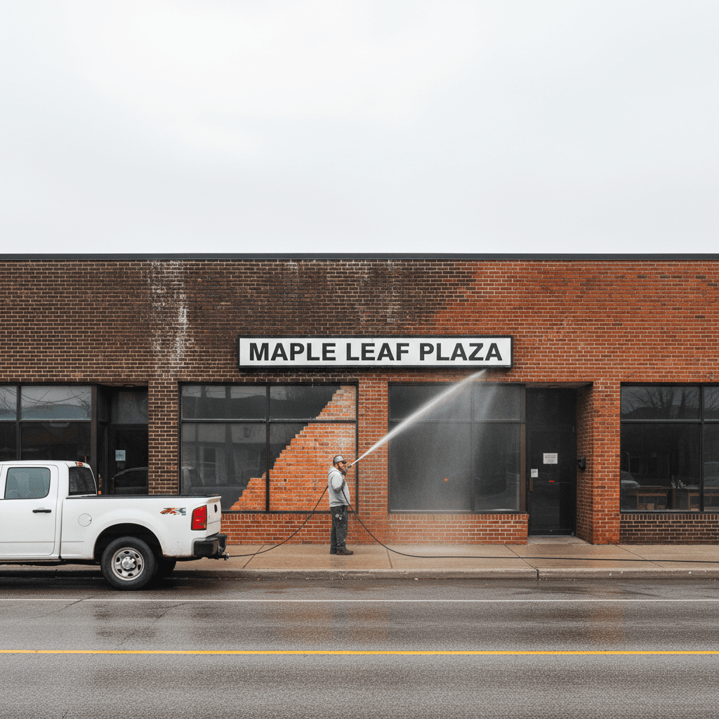 A commercial storefront in Toronto being pressure washed with a wide fan spray, showing clean sections next to grimy brick