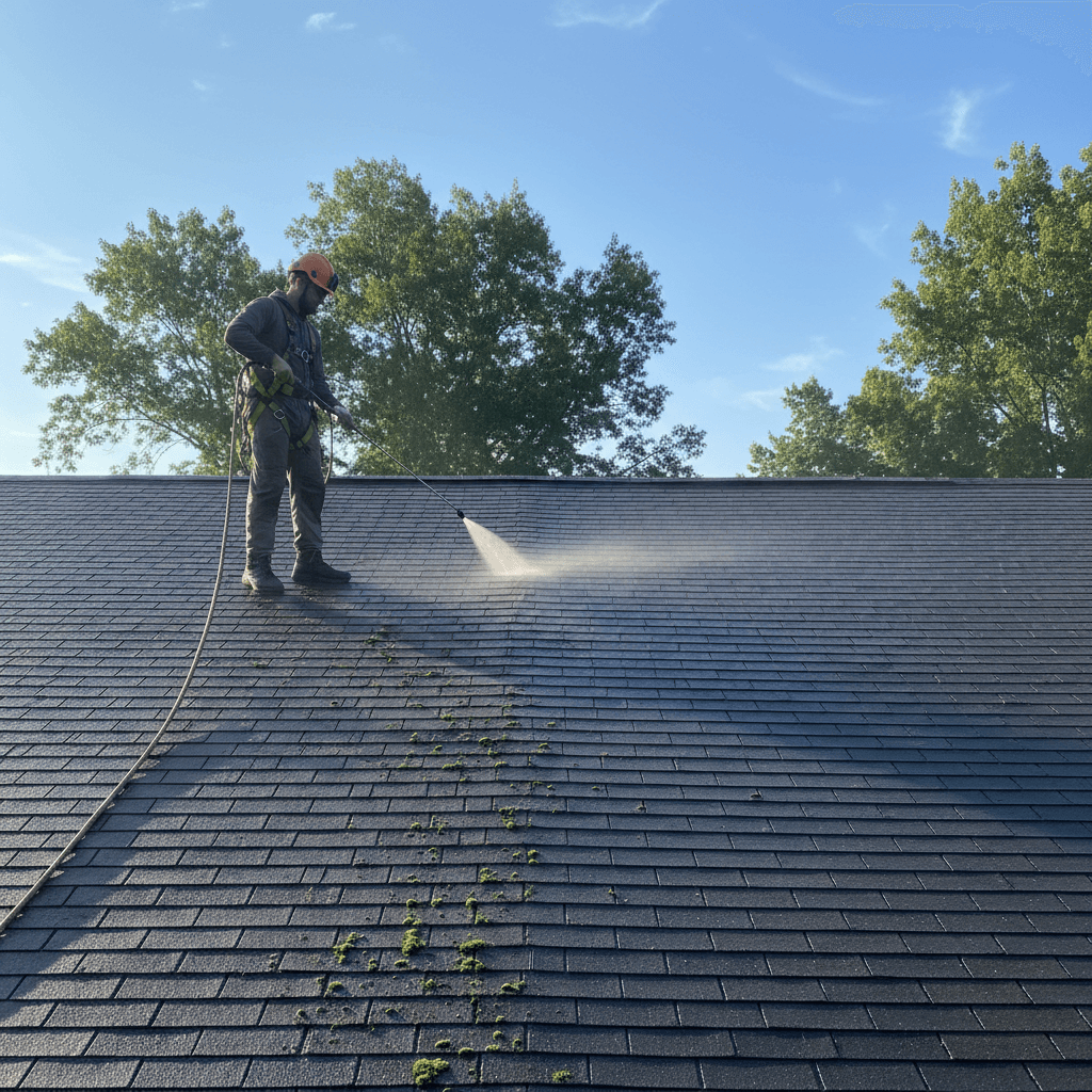 A single operator soft-washing a residential roof with low-pressure spray on a sunny Toronto morning, showing a clean versus dirty divide