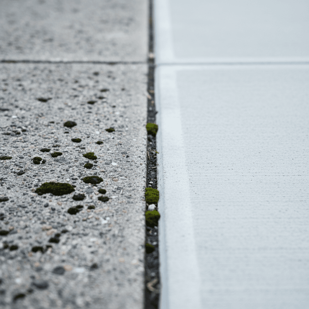 Concrete sidewalk patch showing a clear line between a mossy, algae-covered area and a clean pressure-washed area
