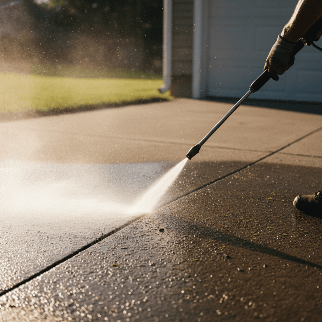 High-pressure water stream cleaning a concrete driveway