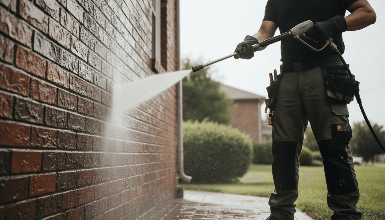 Pressure washing professional beside a clean brick wall