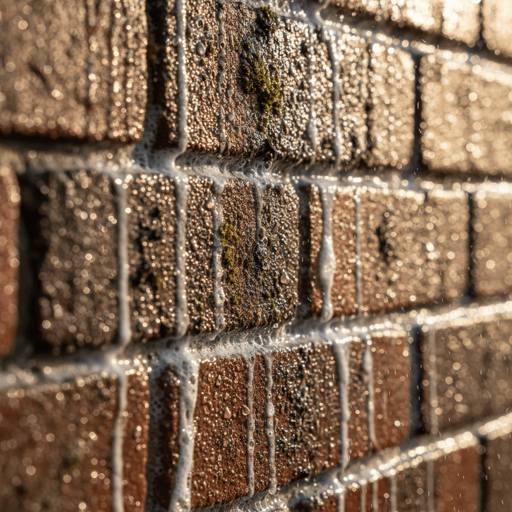 Soft-wash cleaning close-up on a brick wall