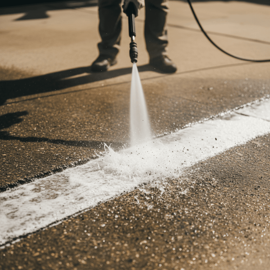 Pressure washing a concrete driveway, cleaning an oil stain with high-pressure water spray