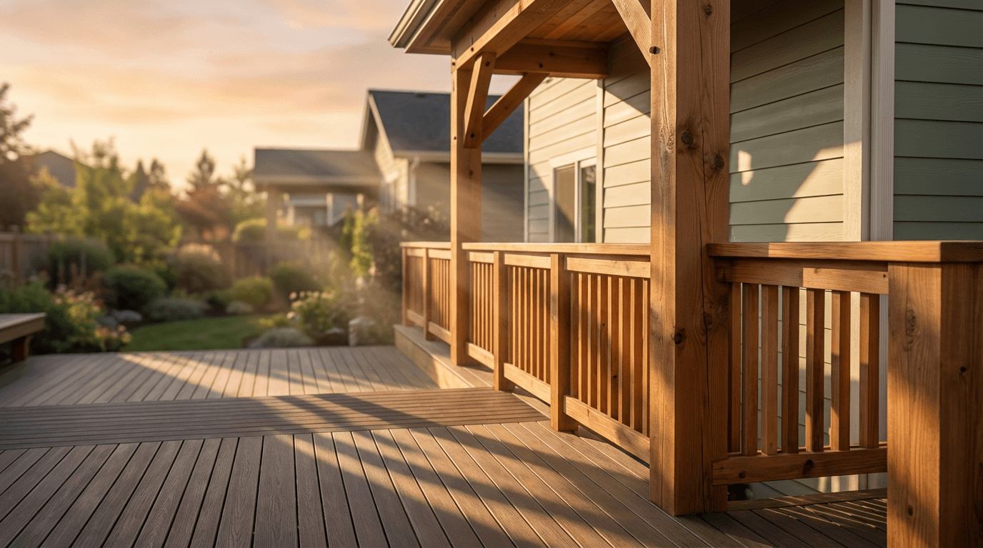 Backyard deck pressure washing before and after showing wood grain restoration