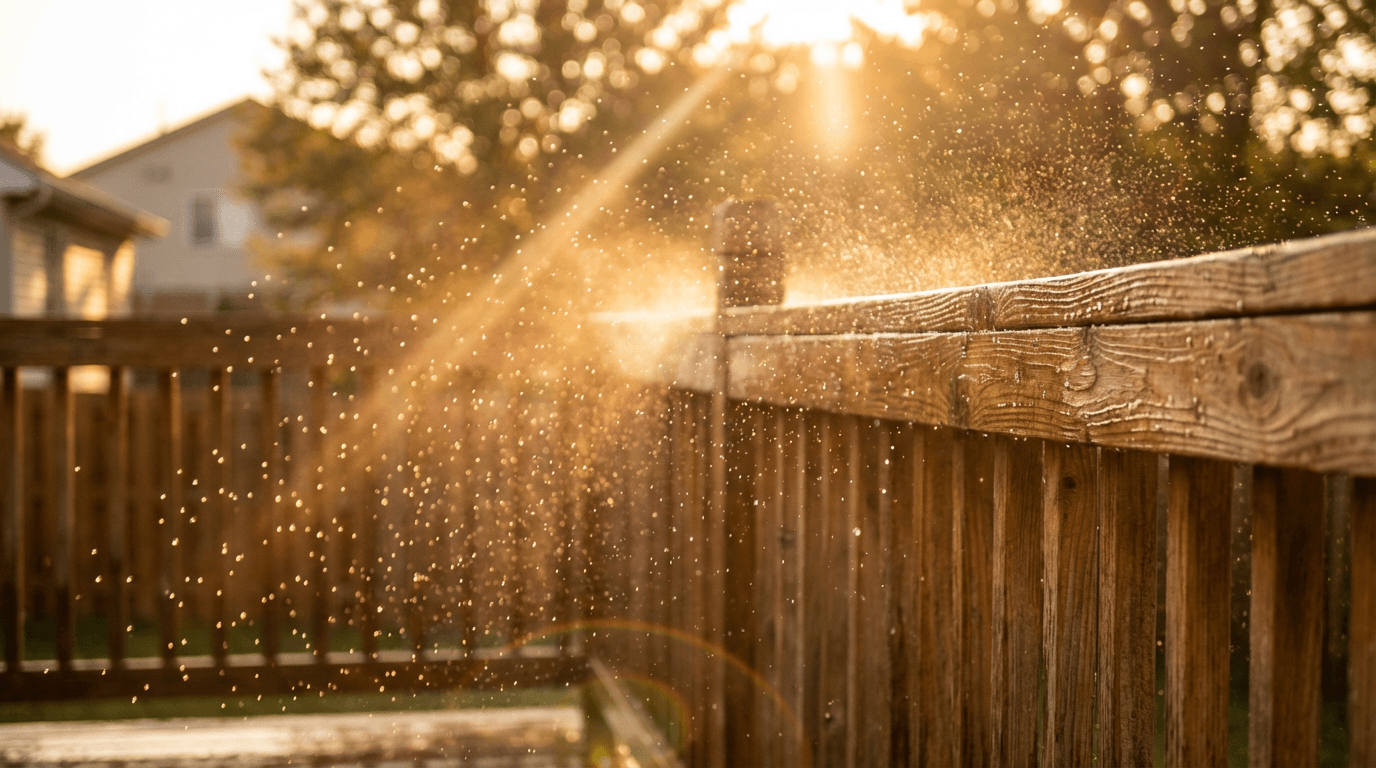 Mildew removal on wood deck fence with half-cleaned board