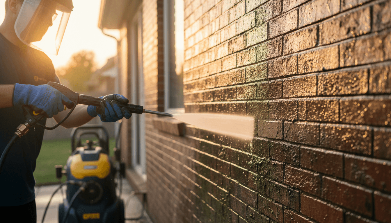 Before-and-after contrast line on a freshly pressure-washed brick building exterior in Toronto