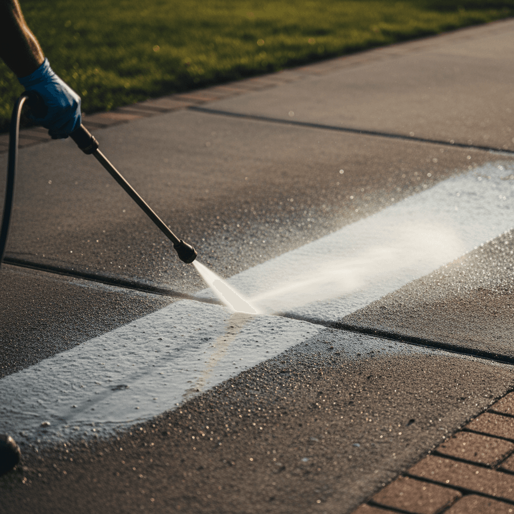 Close-up of a pressure washing wand spraying water on a concrete surface